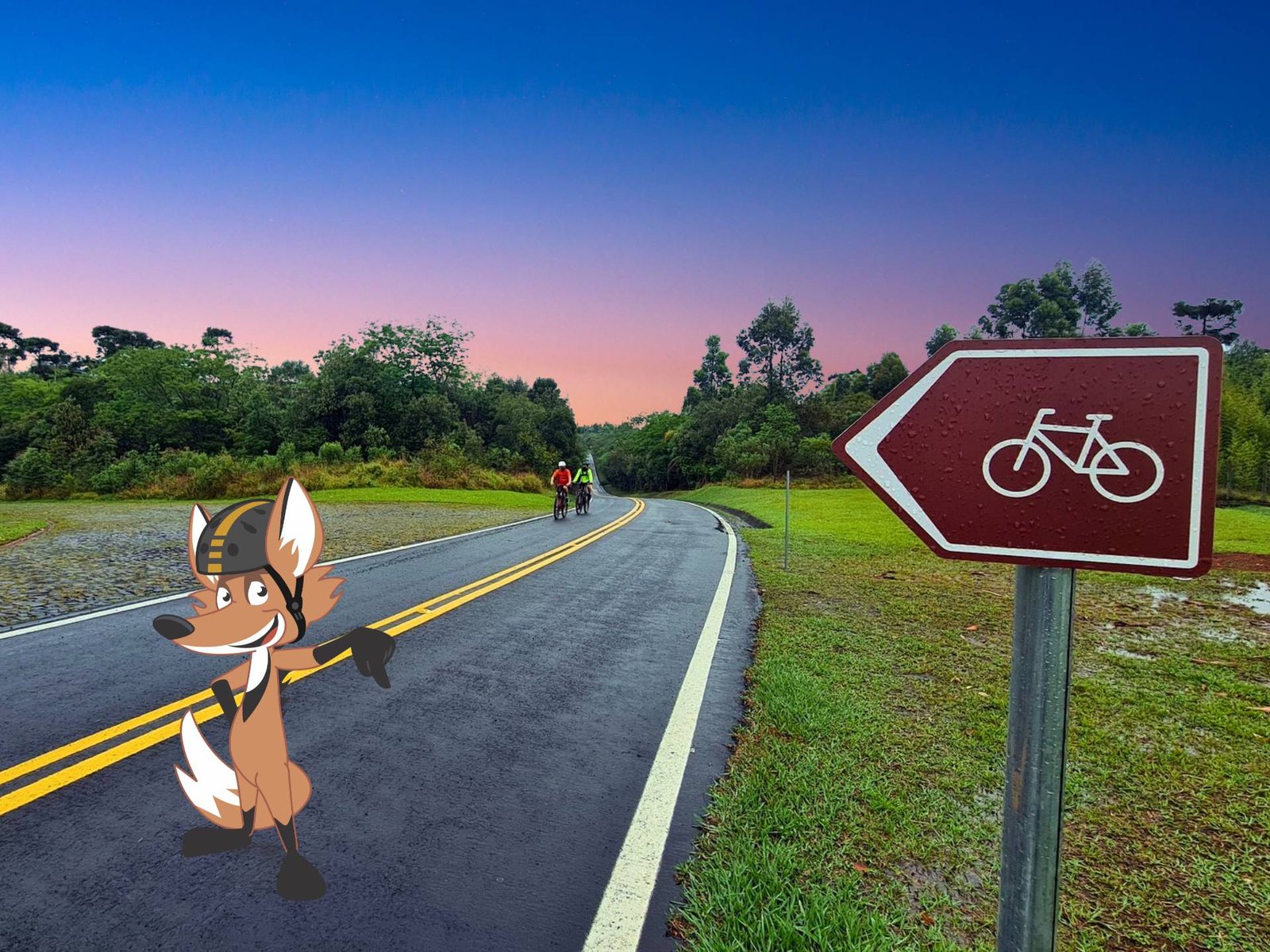Sinalização para cicloturismo direciona ciclistas com o mascote do Lobi Cicloturismo no Sul do Brasil