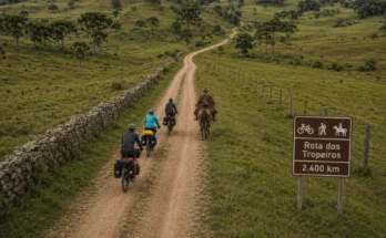 Rota dos Tropeiros: extensão oficial da via-tronco de 2.400 km de cicloturismo autoguiado, destacando a escala do corredor histórico.