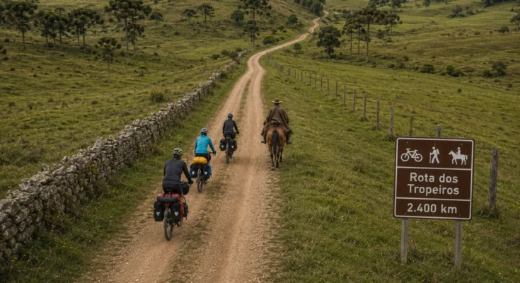 Rota dos Tropeiros: extensão oficial da via-tronco de 2.400 km de cicloturismo autoguiado, destacando a escala do corredor histórico.